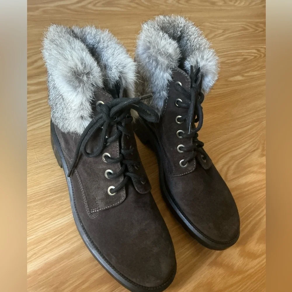 Aquatalia Lacy Suede Lace Up Combat Ankle Boots Dark Brown Rabbit Fur Trim 8.5